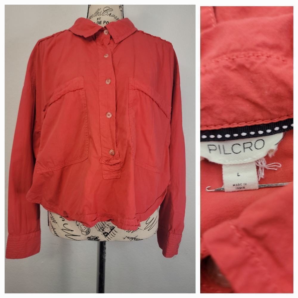 Anthropologie Pilcro Placket Back Cropped Popover Shirt Large Red Pink Festival